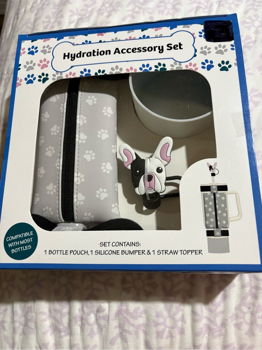 Hydration Accessory Set - Gray Paw Print Bottle Pouch & Dog Straw Topper